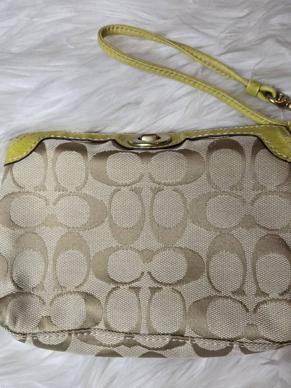 Coach Beige Signature Canvas Wristlet with Lime Trim